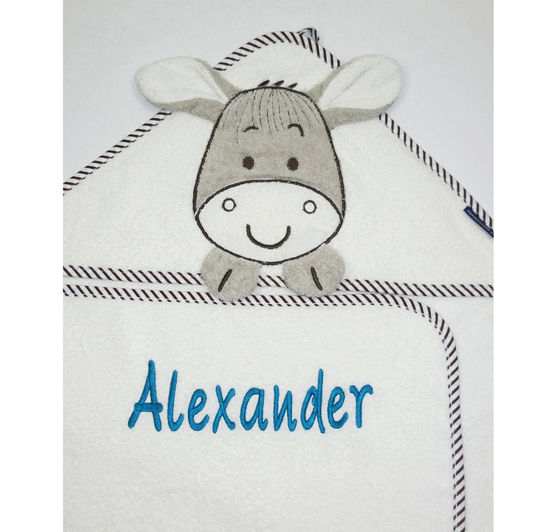 MORGENSTERN Hooded Towel Donkey with name and optional date100 x 100 cmGift for birthGift for baptismBaby TowelNeedleCat image 1