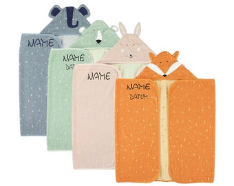trixie hooded towel polar bear, fox, elephant and rabbit embroidered with name and optional date•70 x 130 cm•organic cotton•baby towel with name
