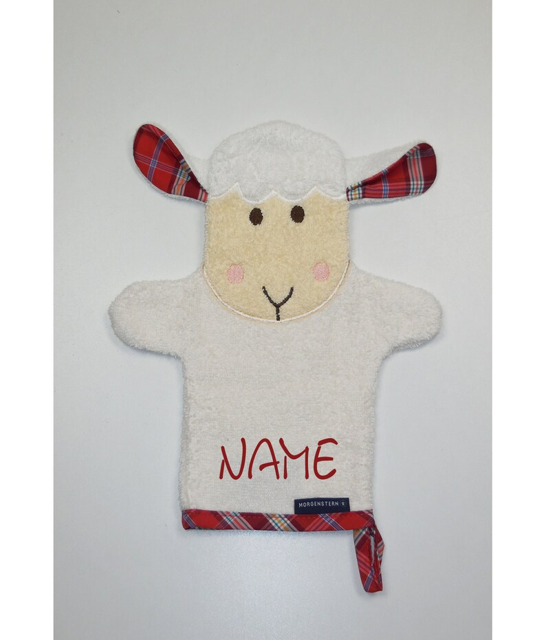 MORGENSTERN Waschhandschuh Sheepy mit Namen bestickt27 x 24 cmGeschenk zur GeburtGeschenk zur TaufeNeedleCat Stickatelier Bild 1