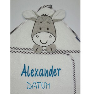 MORGENSTERN Kapuzenhandtuch Esel mit Namen und optional Datum100x100 cmGeschenk zur GeburtGeschenk zur TaufeBaby HandtuchNeedleCat Name & Datum Tuch