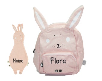 trixie Kinder Rucksack Frau Hase mit Name bestickt & Schmusetuch•Rucksack für Kindergarten•Kita Rucksack•Geschenk zur Geburt•NeedleCat