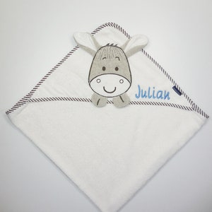 MORGENSTERN Kapuzenhandtuch Esel mit Namen und optional Datum100x100 cmGeschenk zur GeburtGeschenk zur TaufeBaby HandtuchNeedleCat Name auf Kapuze