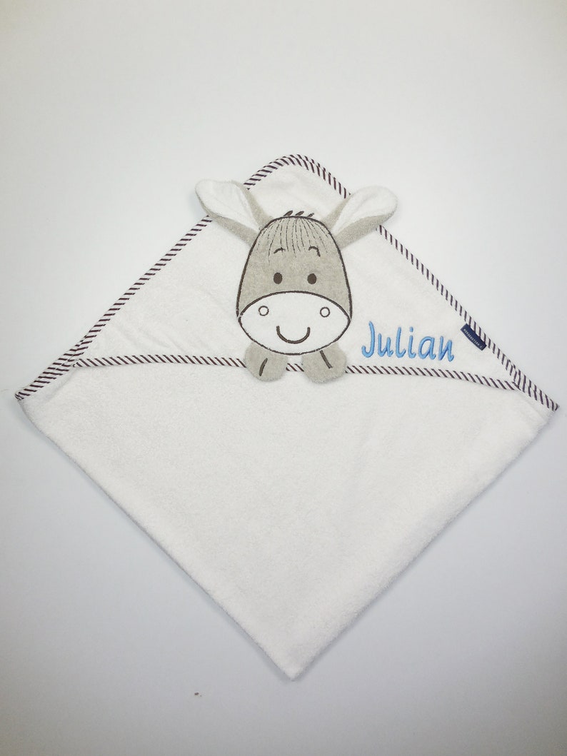 MORGENSTERN Hooded Towel Donkey with name and optional date100 x 100 cmGift for birthGift for baptismBaby TowelNeedleCat Name auf Kapuze