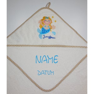 MORGENSTERN Kapuzenhandtuch Sternzeichen Jungfrau mit Name und Datum100x100 cmGeschenk zur GeburtGeschenk zur TaufeNeedleCat Bild 1
