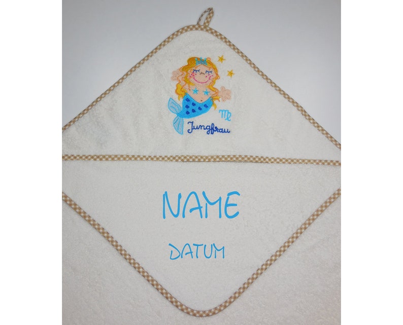 MORGENSTERN Kapuzenhandtuch Sternzeichen Jungfrau mit Name und Datum100x100 cmGeschenk zur GeburtGeschenk zur TaufeNeedleCat Bild 1