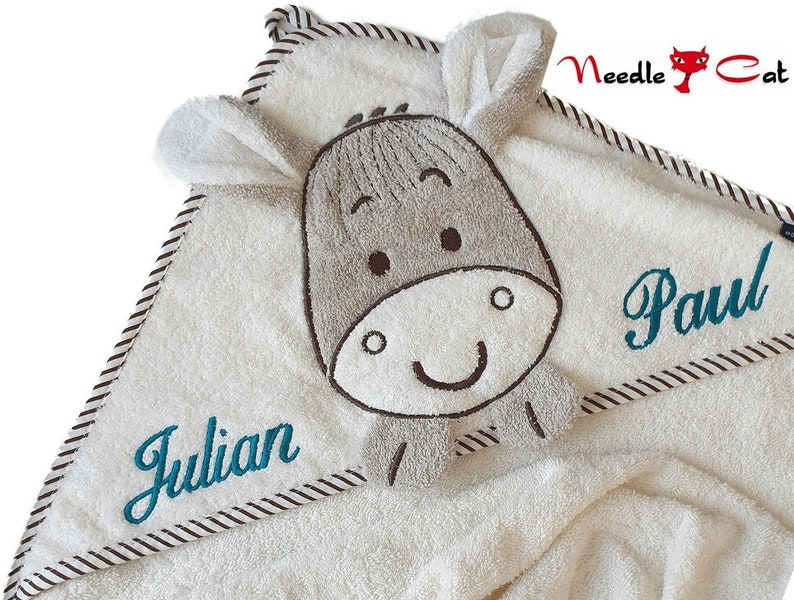 Hooded towel donkey with name and optional date MORGENSTERN100 x 100 cmGift for birthGift for christeningNeedleCat embroidery studio image 2