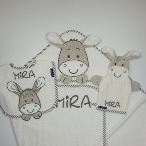 Hooded towel donkey with name and optional date MORGENSTERN100 x 100 cmGift for birthGift for christeningNeedleCat embroidery studio Name auf 3-er SET