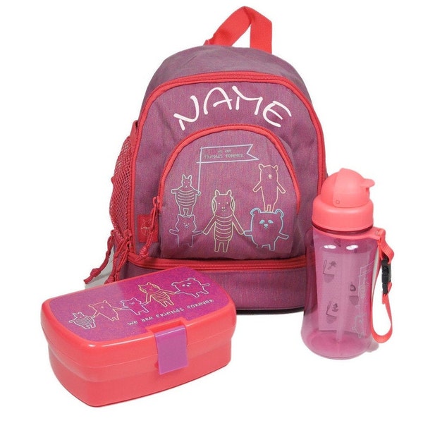 LÄSSIG Mini-Backpack-SET about friends bestickt mit Name•Mädchen Rucksack personalisiert•Rucksack für Kita•Geschenk Schulanfang•NeedleCat