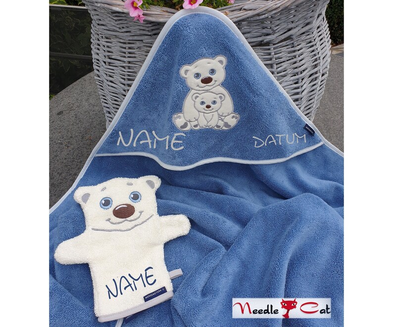 Serviette à capuche ours polaire brodée avec prénom et date en option Serviette à capuche MORGENSTERN 100 x 100 cmCadeau pour une naissanceCadeau pour un baptême image 3