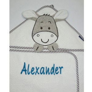 MORGENSTERN Hooded Towel Donkey with name and optional date100 x 100 cmGift for birthGift for baptismBaby TowelNeedleCat image 2