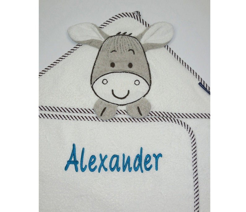 MORGENSTERN Hooded Towel Donkey with name and optional date100 x 100 cmGift for birthGift for baptismBaby TowelNeedleCat image 2