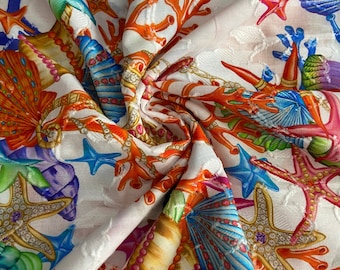 100% Cotton Italian fabric by the half yard lightweight quality fine cotton with sea print on white background