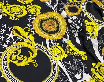 Haute Couture polyester svart gul färg Designer siden elastantyg, Berömt tryck flerfärgat sidentyg, Högkvalitativt siden