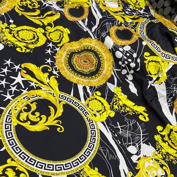 Haute Couture polyester black yellow color Designer silk elastane fabric, Famous print multicolored silk fabric, High quality silk