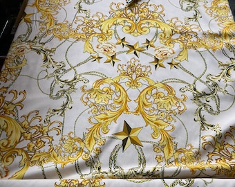 Couture Viscose Crepe elastane stretches fabric soft yellow color with white , Natural fabric for dress, blouse scarf by half Yard