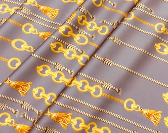 Haute Couture Famous Chain Design beige gula färger polyester siden elastan tyg, tryck flerfärgat sidentyg, högkvalitativt siden