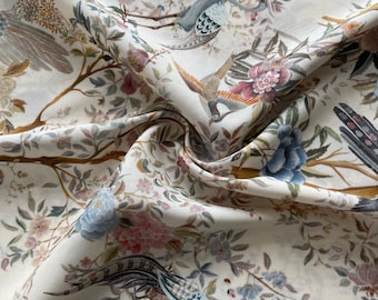 Premium Natural Italian wool with viscose Fabric, Designer birds pattern fabric by the 1/2 yard for dress, blouse, shawl, 54”/140 cm width