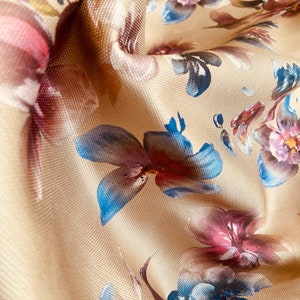 Italian Silk Fabric, dark beige background, floral pattern, Natural silk fabric for dress, blouse, scarf by the yard, 54”/140 cm width