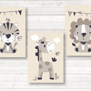 Bilder Kinderzimmer, 3er Set, Poster Kinderzimmer, Tiger Giraffe Löwe, DIN A4, Hintergrundfarbe Beige oder Weiß wählbar