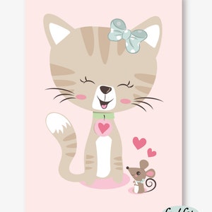 Bilder Kinderzimmer Poster Kinderbild Kinderzimmerbild Katze mit Maus A4 rosa Bild 2