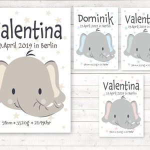 Geburtsdaten Bild Kinderzimmer, Geburtsanzeige, Geburtsposter, Elefant, A4, Hintergrund weiß