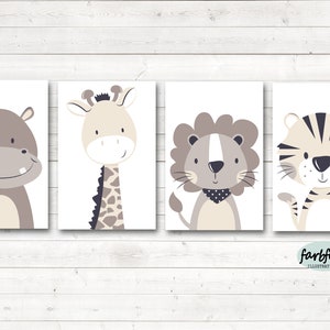 Nursery print,Nursery Decor,Kids Room Picture, Children Room Picture hippo/lion/giraffe/tiger-set of 4-A4-beige