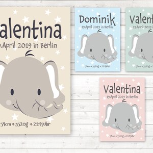 Geburtsdaten Bild Kinderzimmer, Geburtsanzeige, Geburtsposter, Elefant, A4, Hintergrund farbig
