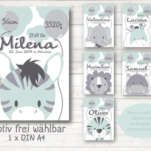 Personalisierte Geburtsanzeige  Geburtsbild Geburtsdaten Druck Bilder Kinderzimmer / Motiv frei wählbar-A4/ weiß / mint / grau