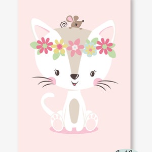 Bilder Kinderzimmer Poster Kinderbild Kinderzimmerbild Katze mit Blumen A4 rosa Bild 2