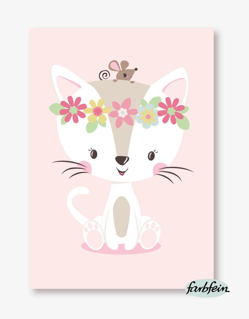 Bilder Kinderzimmer Poster Kinderbild Kinderzimmerbild Katze mit Blumen A4 rosa Bild 2