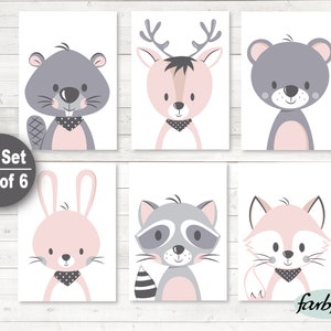 Bilder Kinderzimmer Poster Kinderbilder Kinderzimmerbilder 6er Set Waldtiere /A4/ rosa grau