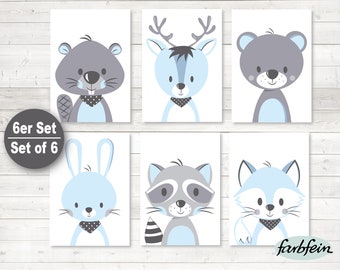 Nursery print,Nursery Decor,Kids Room Picture, Children Room Picture -set of 6 forest animals /A4/blue grey