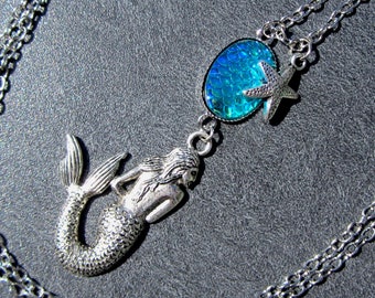 Halskette HÜBSCHE NIXE  61cm - Modeschmuck Kette Cabochon blau Meerjungfrau Seestern