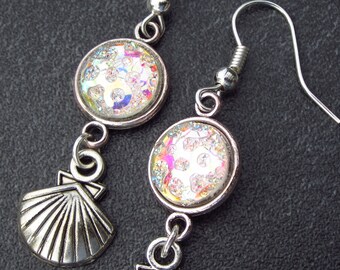 Ohrhänger SHELLS FROM SPACE 49mm lang insgesamt, Muscheln Ohrschmuck Cabochon glitzernd