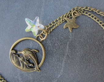 Halskette DELFIN 59cm lang rundum, bronzefarbig - mit irisierendem Glas-Seestern, Modeschmuck
