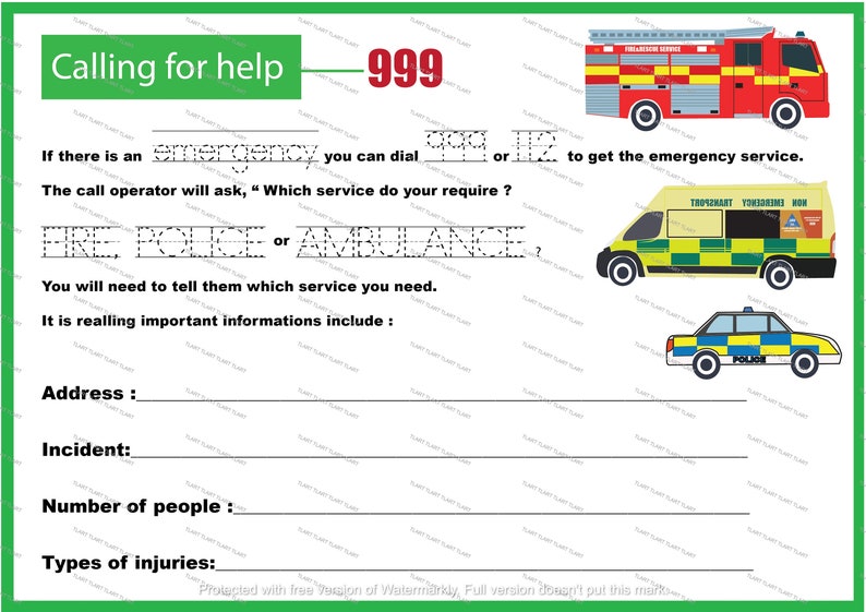Safety for Kids Worksheet, Emergency Services, Call 999 in an Emergency