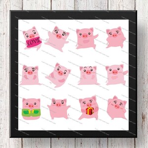 12 divertidos dibujos animados de cerdo Clipart, personajes de cerdo. Cumpleaños, San Valentín, zodiaco, guardería, ilustración, Impresión Digital. Guardería.