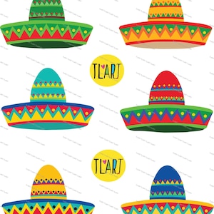 May include: Five colorful sombrero hats with different patterns and colors. The hats are on a white background. The text "TLARJ" is written on two yellow circles.