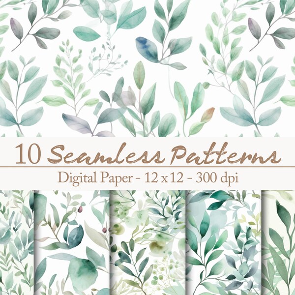 10 motifs floraux verts sans couture, feuilles vrilles fleurs aquarelle clipart, botanique d’été, esthétique naturelle pour les invitations de mariage