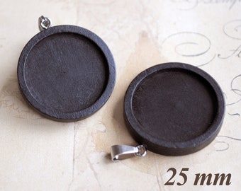 2 round black 25 mm cabochon frames made of wood for gluing motif cabochons and cameo or for the production of natural jewelry