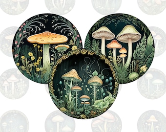 Digital collage sheet - Fairytale mushroom Forest - printable round cirle images in all common sizes, for glass cabochons or as stickers