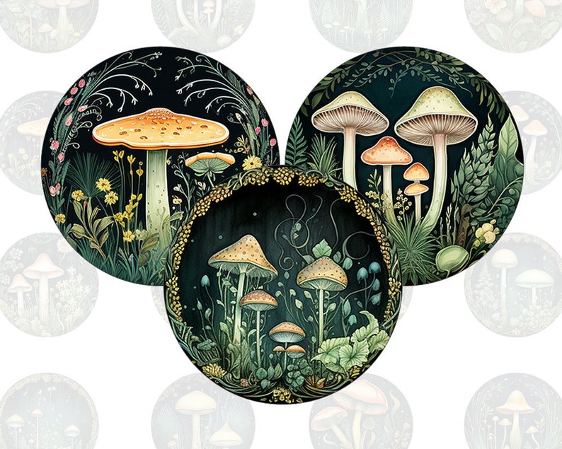 Digital collage sheet Fairytale mushroom Forest printable round cirle images in all common sizes, for glass cabochons or as stickers image 1