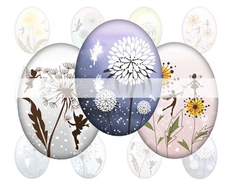 A4 Digitaler Collage-Bogen Elfen dandelions Pusteblumen oval . Motive bzw. Cabochonvorlagen für Bottlecaps und Cabochons