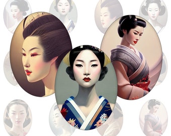 A4 Digitaler Collage-Bogen Vintage Japan Geisha oval . Motive bzw. Cabochonvorlagen für Bottlecaps und Cabochons
