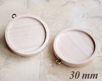 2 runde 30mm Cabochon Fassungen aus Holz zum Kleben von Motiv Cabochons und Kameen oder für die Herstellung von Naturschmuck