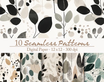 10 Minimalistic Leafs and Greenery Abstract Boho Seamless Digital Papers - Bohemian Pattern Set for DIY Projects and Wedding  Invitations