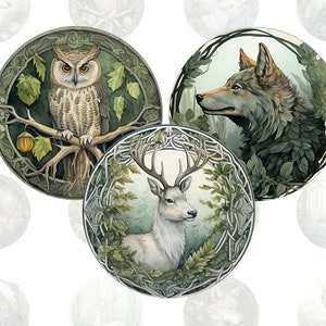 Waldtiere im Märchenwald Waldtiere Cabochon Vorlagen für runde Bottlecaps und Cabochons in allen gängigen Größen, rabe wolf reh eule fuchs Bild 1