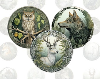 Animaux de la forêt dans la forêt de contes de fées - modèles de cabochons d'animaux de la forêt pour capsules rondes et cabochons de toutes les tailles courantes, corbeau loup cerf hibou renard