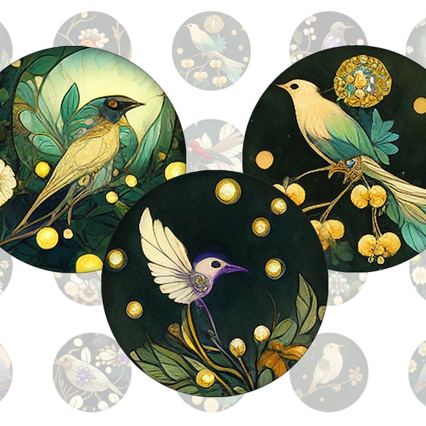 Digital collage sheet - birds in a fairytale forest - printable round round images common sizes, for glass cabochons or stickers