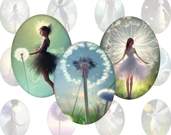 Digital collage sheet - dandelions in a fairy garden - printable oval images in all common sizes, for glass cabochons or as stickers